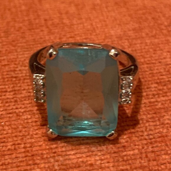 Large Square Aquamarine and Topaz Cocktail Ring - Picture 1 of 7